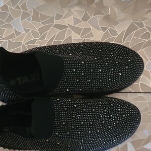 TAXI Black Crystal Embellished Knit Slip-On Sneakers